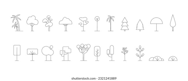 Line trees. Minimal nature forest or park. Minimalism style plants. Abstract logo design. Eco bio symbols, black outline botanical elements. Spruce pine and oak. Vector isolated set