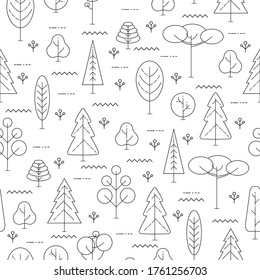 Line trees on a white background. Seamless pattern. Flat line style. Vector illustration