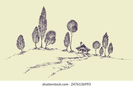 Line of trees and a small house on a hill hand drawing