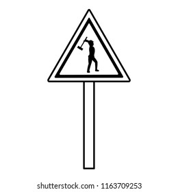 line triangle caution emblem and laborer with mallet