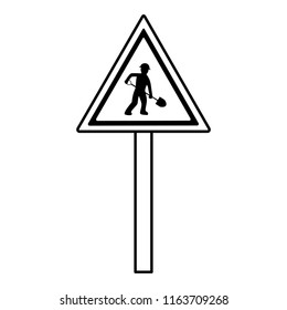 line triangle caution emblem and laborer with shovel