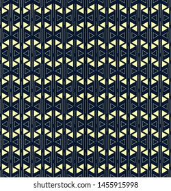 line and triangle geometric shapes. vector seamless pattern. simple repetitive background. textile paint. fabric swatch. wrapping paper. continuous print.  yellow lines and triangles on dark blue