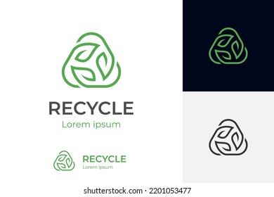 reciclaje triangular de línea con hoja verde, logotipo de ecología de reciclaje o plantilla vectorial de diseño de iconos