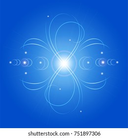 Line Tribal Abstract Flower Design with Shiny Circles and Lines on Blue Background. Vector Illustration.