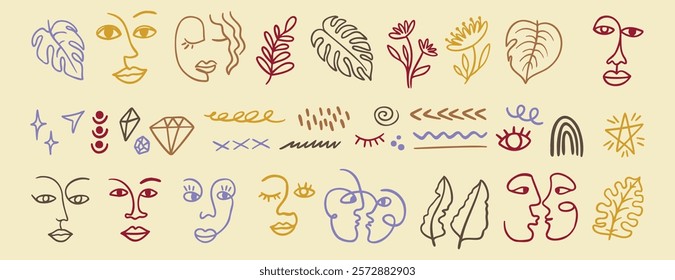 line tribal woman abstract art portrait set. Outline trendy contemporary elements with flowers, shapes, female faces, leaves. modern Ink painting style. aesthetic concept. Vector illustration