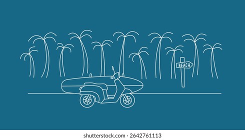Paisagem tropical de linha com palmeiras, motocicleta com ilustrador de vetor de prancha de surfe. Island surf vibe t shirt, merch design, template.