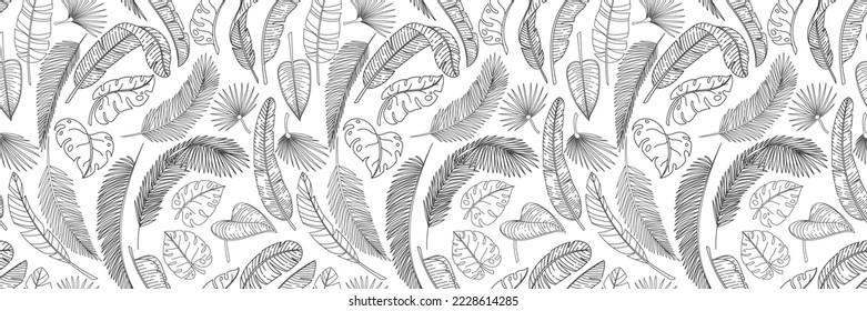Line tropical leaves seamless pattern vector illustration. Hand drawn outline leaf of palm tree and plant from jungle tropics, leaves of exotic summer garden and beach, repeat fashion floral ornament