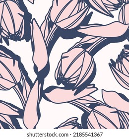 Line Tulips flowers. Hand drawn style. Seamless texture. Floral pattern. Light pink blue background.