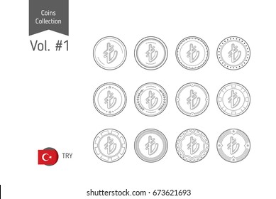 Line Turkish Lira coin vector. Isolated on white background. Simple thin line coin icons set for websites, web design, mobile app, infographics.