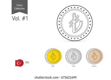 Line Turkish Lira coin vector. Isolated on white background. Simple thin line icon for websites, web design, mobile app, infographics.