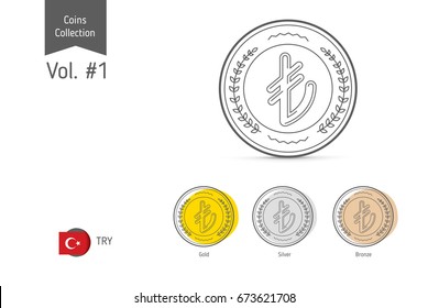 Line Turkish Lira coin vector. Isolated on white background. Simple thin line icon for websites, web design, mobile app, infographics.