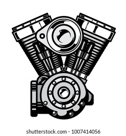 Line twin engine illustration on black and white color