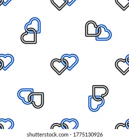 Line Two Linked Hearts icon isolated seamless pattern on white background. Romantic symbol linked, join, passion and wedding. Happy Women Day. Colorful outline concept. Vector