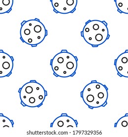 Line UFO abducts cow icon isolated seamless pattern on white background. Flying saucer. Alien space ship. Futuristic unknown flying object. Colorful outline concept. Vector