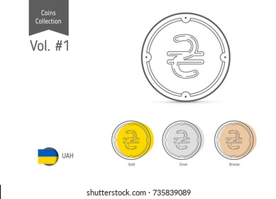 Line Ukrainian Hryvnia coin vector. Isolated on white background. Simple thin line coin icons for websites, web design, mobile app, infographics.