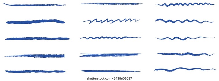 Linie Unterstreichung blaue Kreide Pinsel Stift Stift Marker Malstrich. Linie Rote Pinsel-Buntstift Hervorhebung Unterstreichen Streichfarbe durch gezeichneten Strich durch handschriftliche Betonung. Squiggle Swoosh unter Vektor.