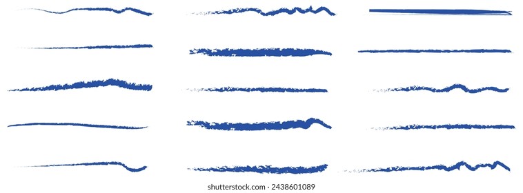 Linie Unterstreichung blaue Kreide Pinsel Stift Stift Marker Malstrich. Linie Rote Pinsel-Buntstift Hervorhebung Unterstreichen Streichfarbe durch gezeichneten Strich durch handschriftliche Betonung. Squiggle Swoosh unter Vektor.