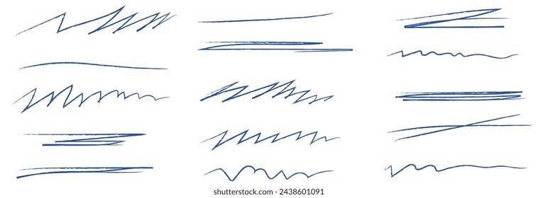 Line underline blue crayon brush pencil pen marker paint stroke. Line red brush crayon highlight underline strike color through drawn strikethrough handwritten emphasis squiggle  swoosh under. vector.