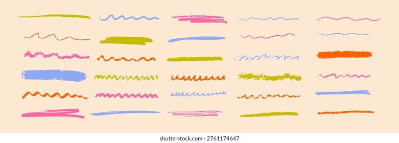 Line underline crayon with brush stroke pencil and pastel scribble color. Emphasis marker paint with chalk pen shape and doodle children kid. Strikethrough texture hand with long drawn scratch.