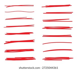 Linie unterstreichen roten Buntstift Pinsel Stift Marker Malstrich. Linie roter Pinsel Buntstift Hervorhebung unterstreichen Streichfarbe durch gezeichnet strichthrough handgeschriebene Betonung squiggle Vektor Swoosh unter