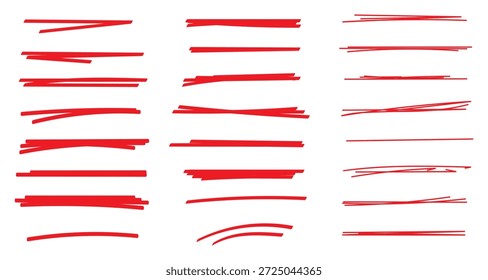 Linie unterstreichen roten Buntstift Pinsel Stift Marker Malstrich. Linie roter Pinsel Buntstift Hervorhebung unterstreichen Streichfarbe durch gezeichnet strichthrough handgeschriebene Betonung squiggle Vektor Swoosh unter