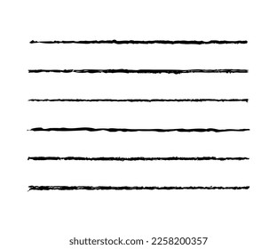 Line underline. Set strike lines black color isolated on white background. Pen stripe brush strokes. Patch pencil strips. Marker collection design. Grunge sketch thin long texture. Vector illustration