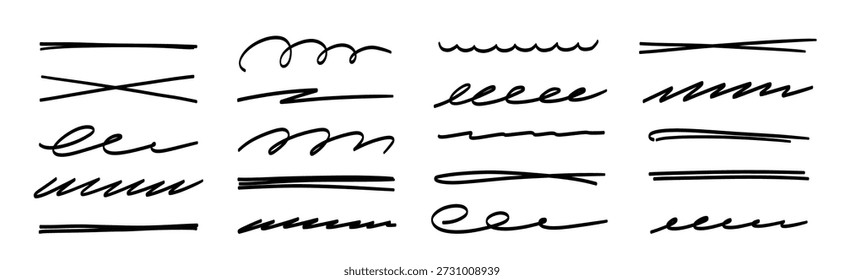 Line underline vector set. Hand drawn line brush marker pen stroke underline, emphasis doodle highlight..Handwritten scribble paint ink sketch symbol casual text highlight. Vector illustration.