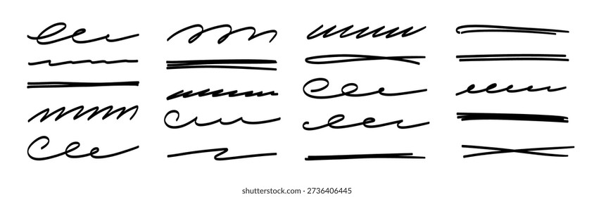Line underline vector set. Hand drawn line brush marker pen stroke underline, emphasis doodle highlight..Handwritten scribble paint ink sketch symbol casual text highlight. Vector illustration.