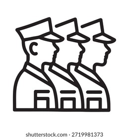 Linha de figuras uniformizadas com chapéus em uma ilustração simples em preto e branco