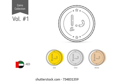 Line United Arab Emirates Dirham coin vector. Isolated on white background. Simple thin line coin icons for websites, web design, mobile app, infographics.