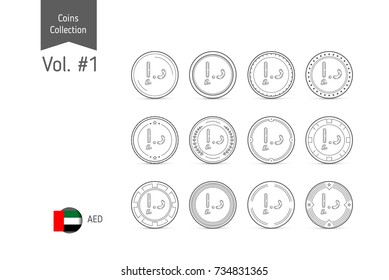 Line United Arab Emirates Dirham coin vector. Isolated on white background. Simple thin line coin icons set for websites, web design, mobile app, infographics.