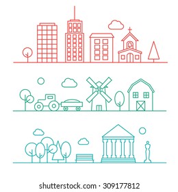 Line urban and village landscapes, city park, vector illustration