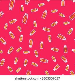 Line USB flash drive icon isolated seamless pattern on red background.  Vector