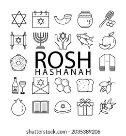 Line Vacation Rosh Hashanah Icons Set. Conjunto de vectores de 22 símbolos de línea moderna de vacaciones de Año Nuevo judío para web y móvil. Colección de distintivos judíos israelíes