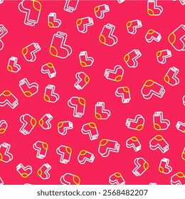 Line Valenki icon isolated seamless pattern on red background. National Russian winter footwear. Traditional warm boots in Russia.  Vector