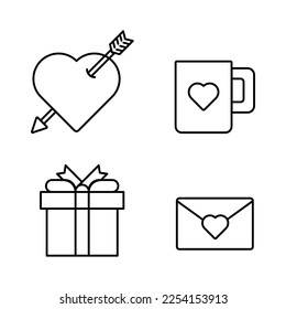 Line valentine icon set. Gift, heart, mug and love letter.