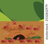 A line of vector ants is marching in perfect formation, each one moving in sync with the others. Their antennae point forward as they travel in a straight path, displaying discipline and unity.