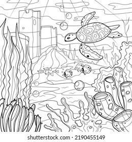 Line vector art. Underwater world, hand drawn turtle, fish and algae. Dreamy drawing for coloring