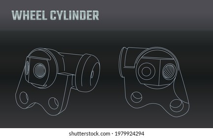Cilindro de freno de rueda de accesorios de piezas de motor de vectores de línea. Equipo de reparación. Catálogo de la tienda de elementos del motor. Símbolo de vehículo de época. Mecánico de motocicletas retro. Fondo del elemento de diseño.