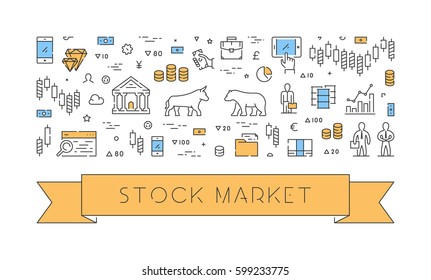 Line vector banner for stock market. Horizontal concept of commodity exchange.