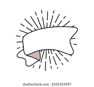 Linie Vektorschwarzes Band mit Sonnenstrahlen. Banner-Symbol, Webdesign-Element. Handgezeichnete Illustration. Platz für Text für Geschäftsleute, Grußkarten und Feiertagen Kopienraum