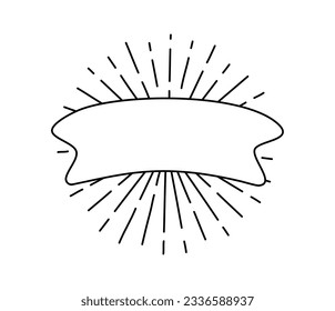 Line vector black ribbon with sun rays. Banner icon, Web design element. Hand drawn illustration. Place for text for business, greeting card and holidays copy space