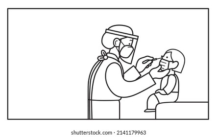 Line vector black and white illustration. Covid19 coronavirus  detection child testing. Doctor or medical professional taking a sample on a sitting child with a nasal cotton swab for an antigen test .