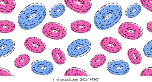Line vector blue pink donuts pattern seamless, fextile, fabric, wrapping paper, wallpaper, cafe