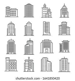 Line vector buildings. Urban architecture, skyscrapers on white background. Hotel, university and bank, city library line downtown building set