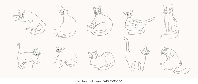 Line vector cat illustration set. Feline group of hand drawn animals in different poses. Contour of russian blue, british shorthair, bengal, siamese, sphynx and burmese. Friendly cute illustration. 