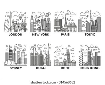 iconos de ciudades vectoriales de línea. londres, nueva york, paris, tokyo, sydney, dubai, rome, hong kong. colección de arte de línea 