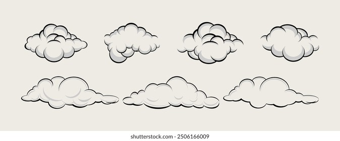 Handgezeichnete Wolken. Bleistift Skizze Himmel Wolkenbild. Skizze Skizze Wolke vintage gravierten Hintergrund. Einfache, kindische Cloud-Kollektion in schwarzer Linie. Himmelswolken einzeln. Umriss-Wolkenvektor