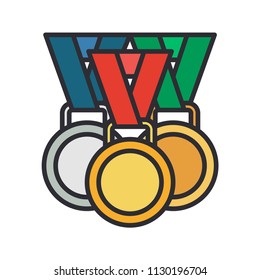 Line vector color medal, winner award icon. Sport equipment, success symbol. Athletic competition. Victory championship reward, win trophy. Retro style illustration element for your design wallpaper