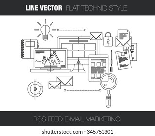 Line vector concept of e-mail marketing service system, rss feed, subscribe mail list for everyday updates, with line technic objects and line illustration of connections